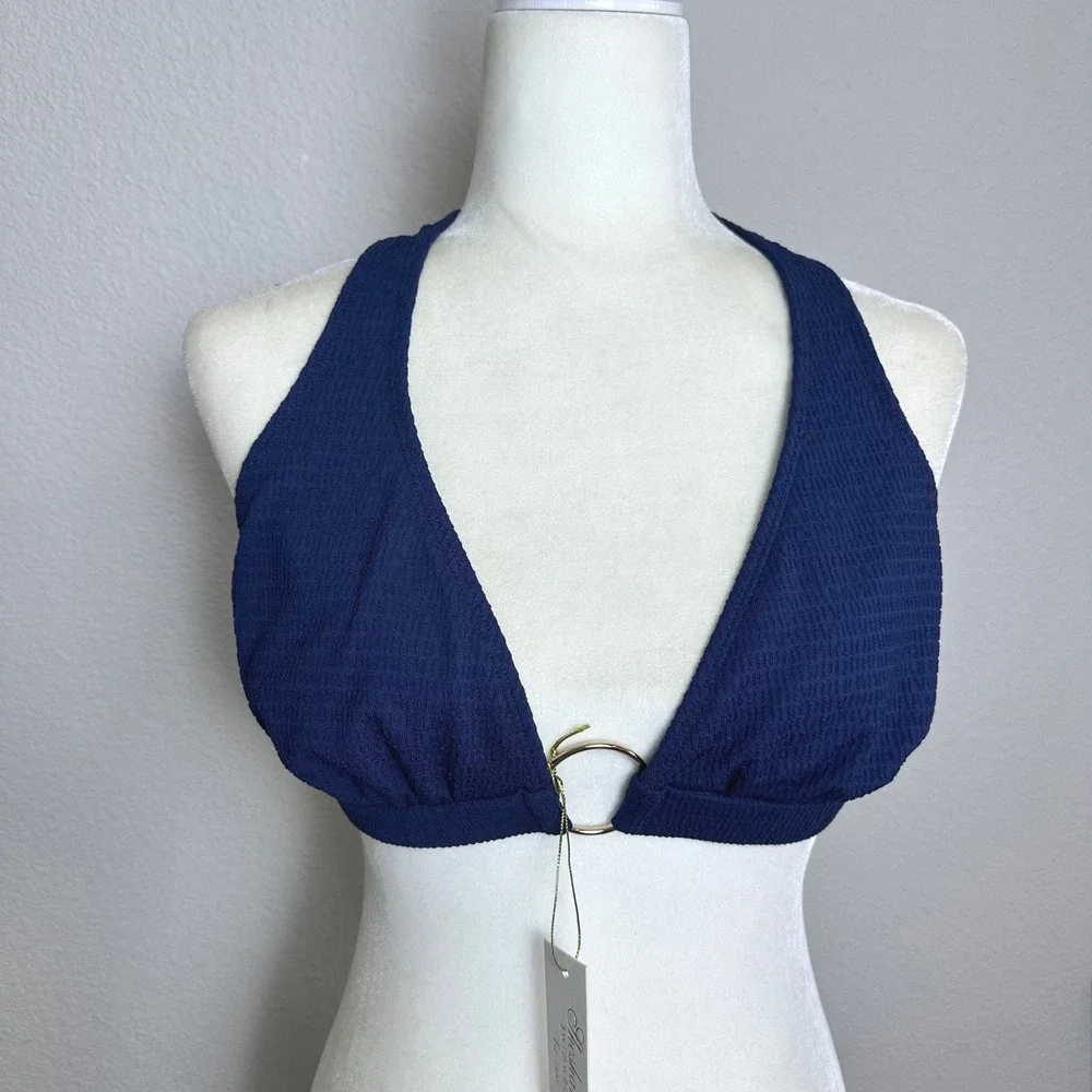 Shoshanna Navy Blue Textured Halter Bikini Top Gold Ring Detail DD NEW Luxury